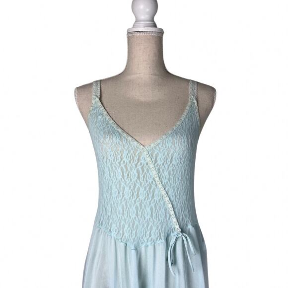 Vintage Elissia Blue Lace Satin Nightgown Slip Dress Coquette Cottagecore M - Picture 2 of 9